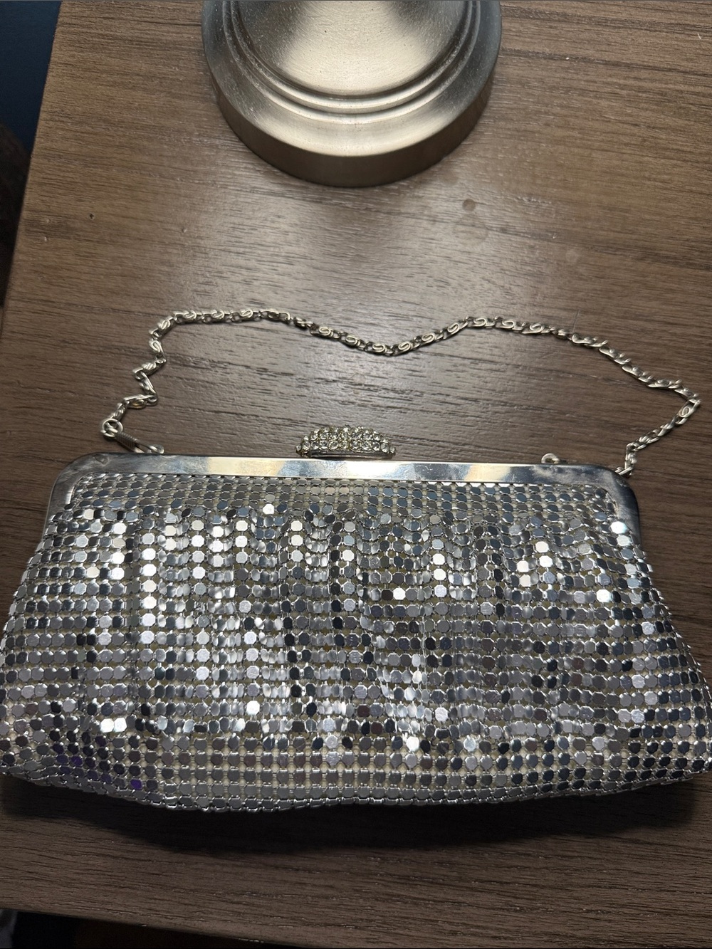 Silver Sequin Evening Clutch with Chain Strap